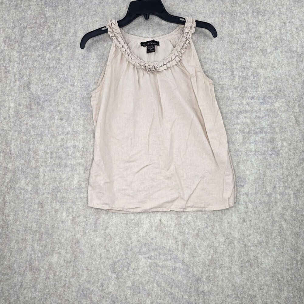 Maria Christina Beige Sleeveless Linen & Rayon Ruffled Neckline Womens Top